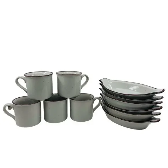 Stoneware 11 Pc Mug Au Gratin Dish Set Cream Brown Speckled VTG Organic Modern