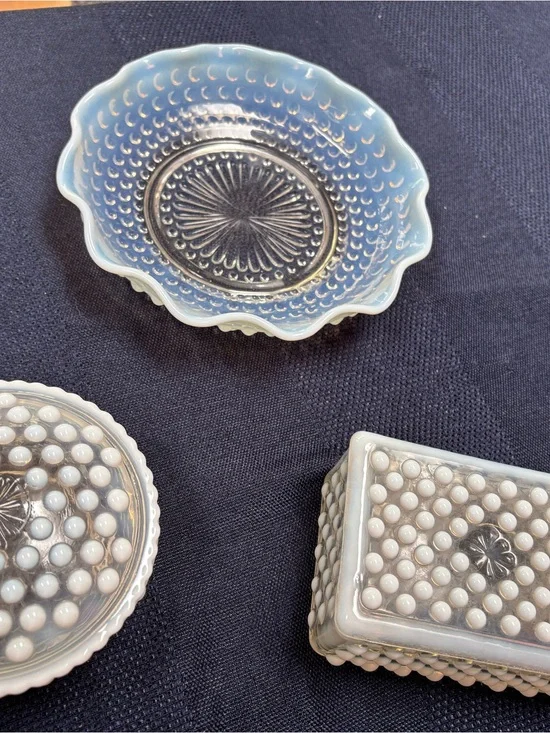 Fenton Opalescent Milk Glass Hobnail Dish - Pale Blue/White Decorative Bowl