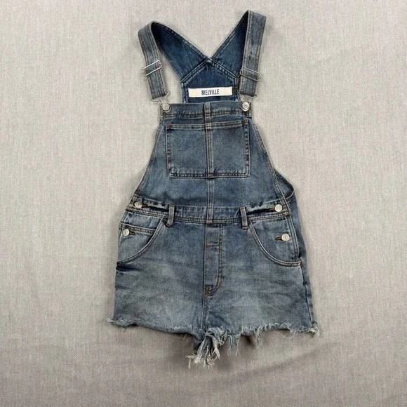 Melville Womens Denim Shortalls Medium Wash Raw Hem Overalls Size S 829SP155005B