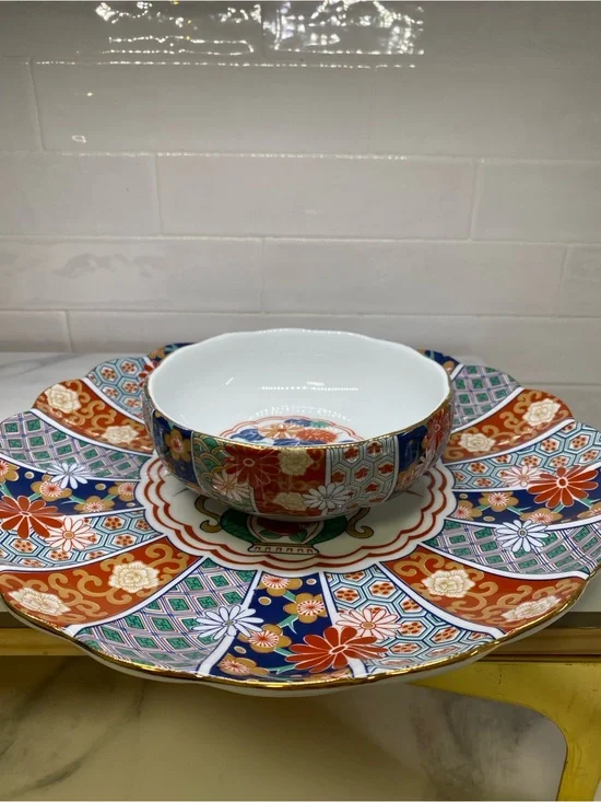 24k Gold Arita Imari Fan Japan Scalloped Serving Platter & Bowl Set Porcelain