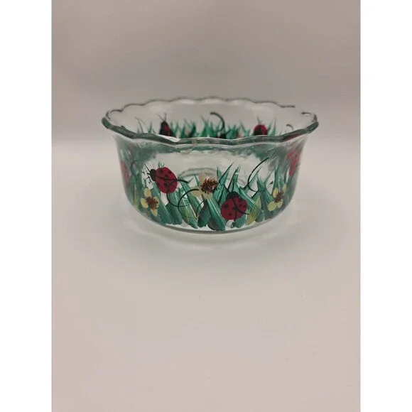 Ladybugs in Grass Hand Painted Glass Serving Bowl