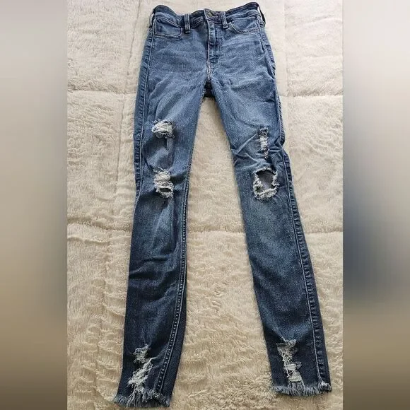 Hollister Blue Skinny Jeans Distressed. Ultra High-Rise Jean Leggins Size 1R