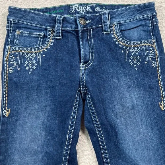 Wrangler Rock 47 Jeans Womens 27x34 *28x32 Ultra‎ Low Rise Boot Cut Embroidered