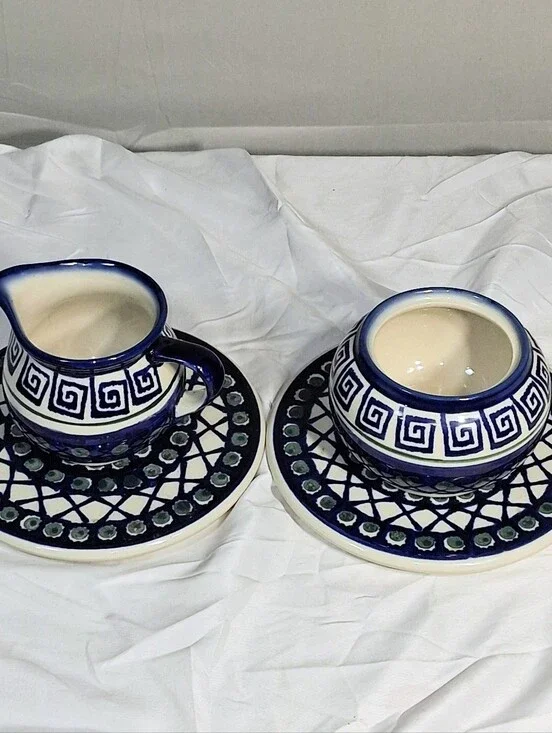 Set Of 2 Cobalt Blue Boleslawiec Saucers with Matching Creamer and Sugar Bowl