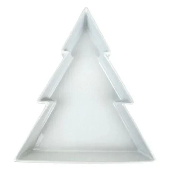 Crate & Barrel White Ceramic Christmas Pine Tree Serving Dish Platter Tray NEW