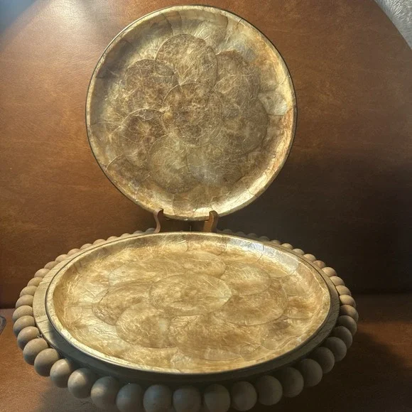 Multi Color Capiz Shell Trays With Brass Edging Vintage 1980s 10