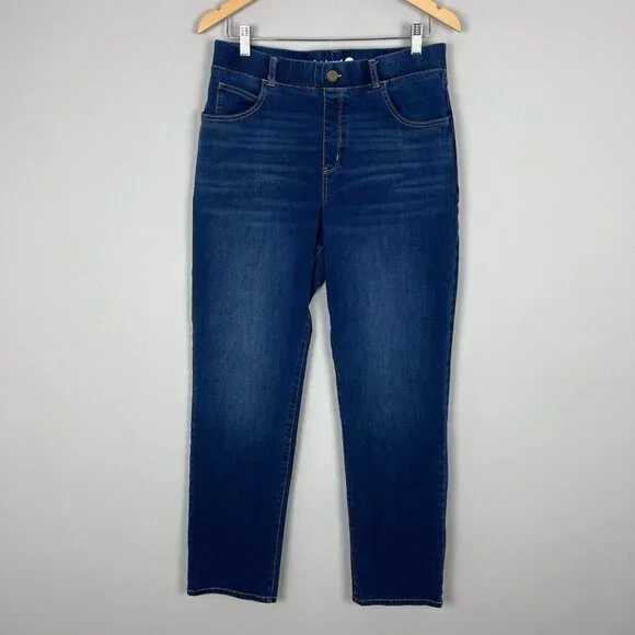 Betabrand Jeans Women Large Blue Denim Signature Mid-Rise Bootcut Pull On Pocket