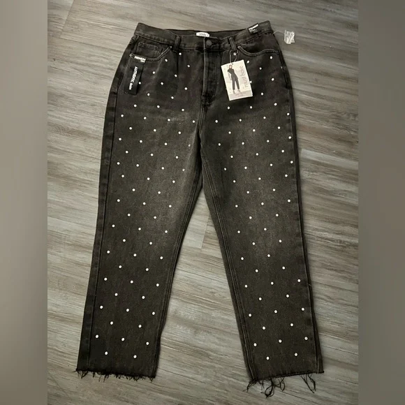 Simple Society Women Jeans Black Denim Rhinestone Polka Dot‎ High Rise Size 32