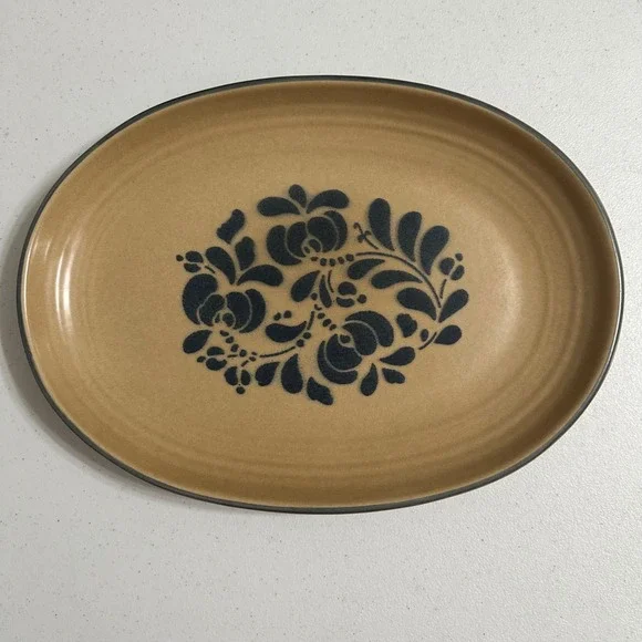 Pfaltzgraff Folk Art Pattern Oval Serving Platter Stoneware Blue Floral VTG 14