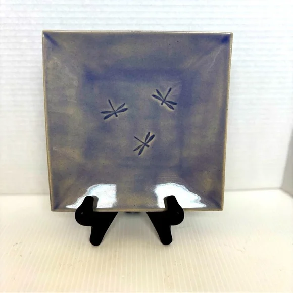 Earthenware Artisan Pottery dragonfly Dish Plate Square Purple Gray Signed