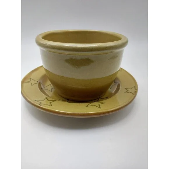Vintage Americana General Yellowware Stoneware Bowl & Saucer Set Star Pattern