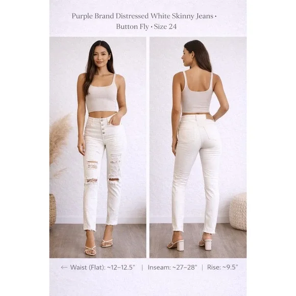 Purple Brand Women's White Distressed Skinny‎ Jeans Size 24 Button Fly Denim