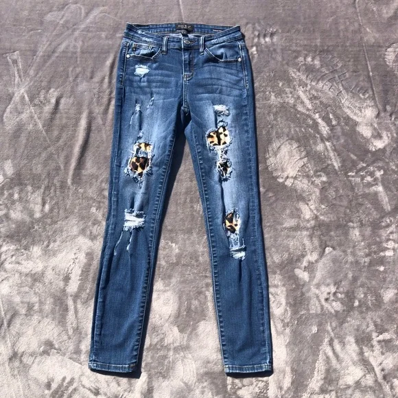 Judy Blue Jeans Womens Size 5 Skinny Fit Blue Distressed Cheetah Print Stretch
