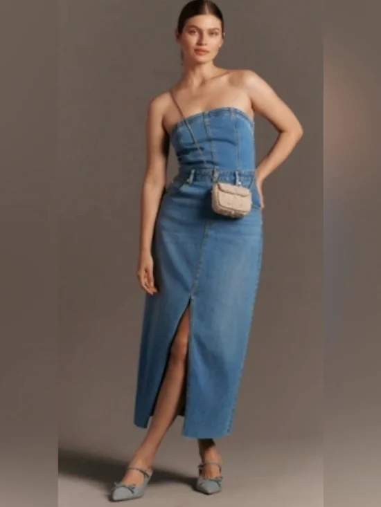 Anthropologie Denim Strapless Madi  dress by Pilcro with Front Slit - Blue
