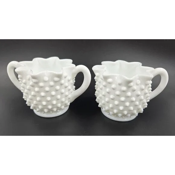 Fenton Cream & Sugar Set Vintage 1950s Hobnail White Milk Glass