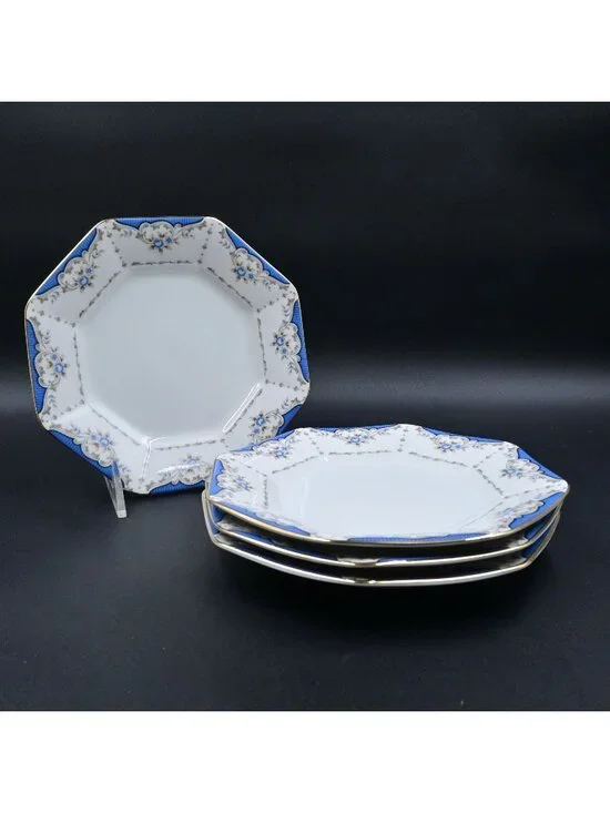 Seizan Mood Indigo 7936 Octagonal Salad/Bread Plates Japan Set of 4 Vintage 8