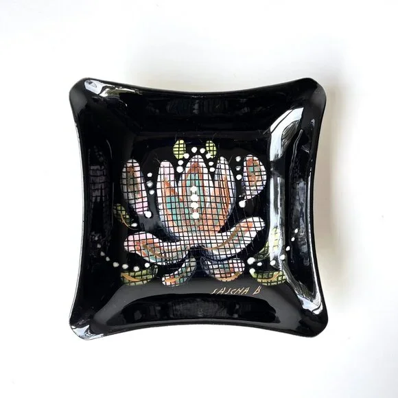 Vintage MCM Mid Century Sascha Brastoff Atomic Black Floral Ceramic Square Dish