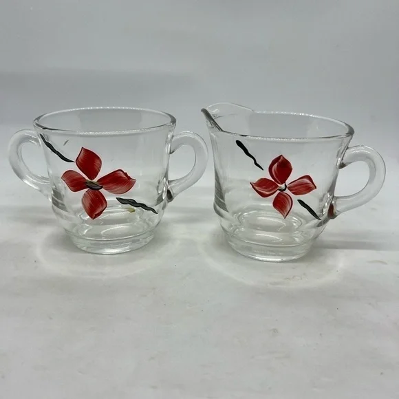 Vtg Sugar Creamer Set Handpainted Glass Poinsettia Floral Christmas Serveware