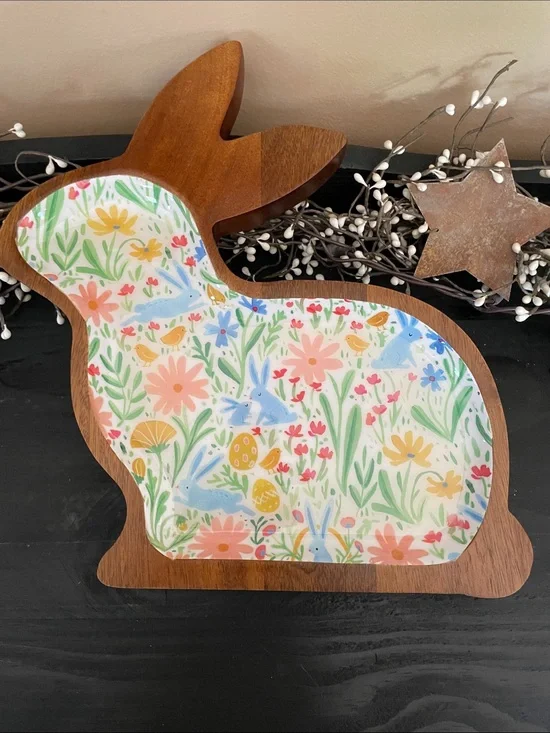 NWT Bunny-Shaped Decorative Wooden serving Tray with Spring Floral Inset-11”x12”
