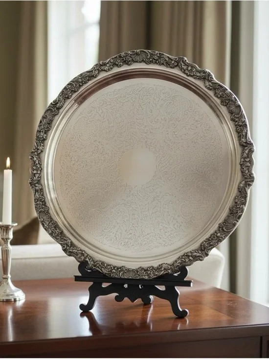 Vtg FB Rogers 19” Silver Plate Round Serving Tray Elegant Ornate Decor Accent