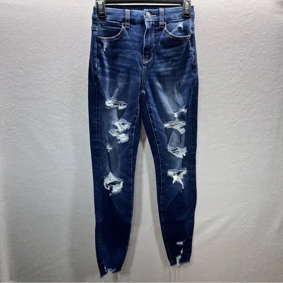 American Eagle Curvy Hi-Rise Jegging Distressed Jeans Womens 00‎ Blue Denim 2771