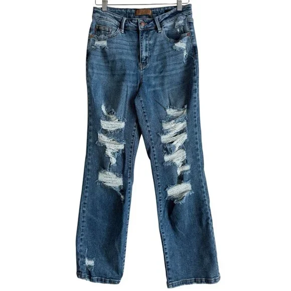 Judy Blue Jeans Women’s 7/28 Straight Fit Mid Rise Distressed Stretch‎ Denim