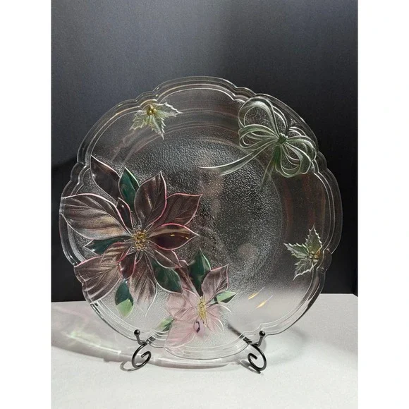 Mikasa Holiday Poinsettia Glass Platter Christmas Serving Plate Textured Floral