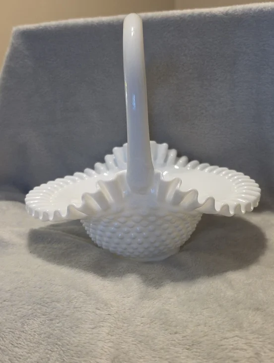 White Milk Glass Hobnail Ruffled Basket with Handle