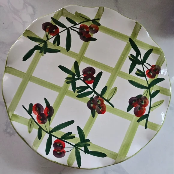 Cherry‎ Pie Recipe Ceramic Pie Plate Green Scalloped Edge  11” Wide