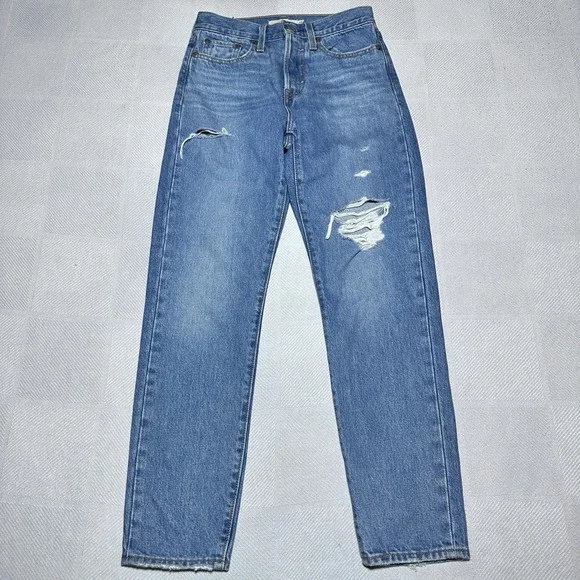 Levi's Premium Wedgie Jeans Womens 24 Distressed Medium Wash Button Fly Straight