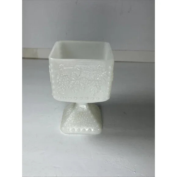 Vintage Anchor Hocking Milk Glass Square Pedestal Grape Leaf Candy Dish Vase