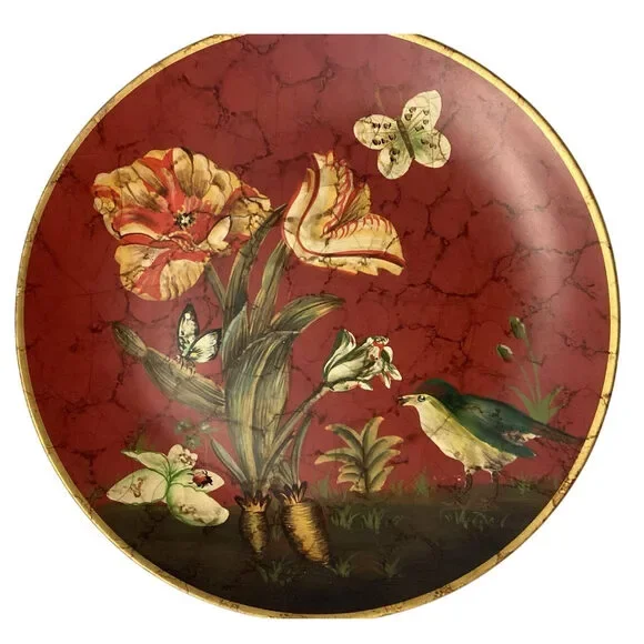 Collectible Red Bird Butterfly Floral Gold Rim Decorative Heavy Ceramic Plate