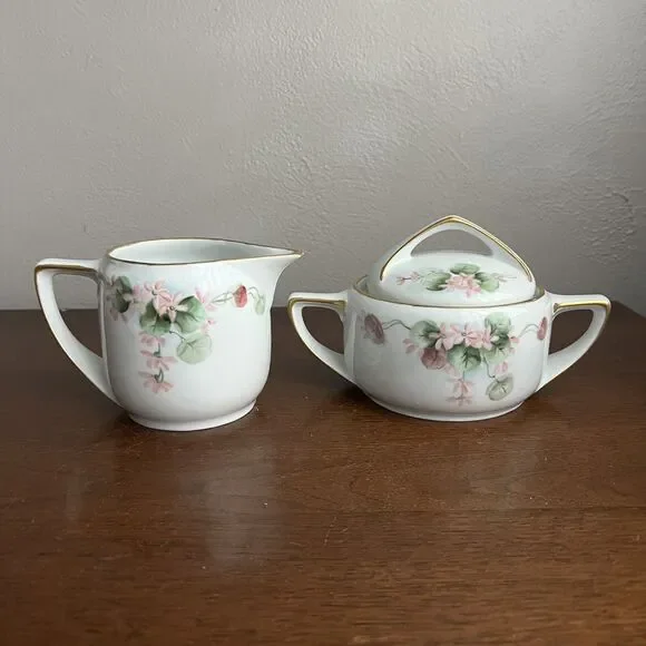 Imperial Austria Creamer & Covered Sugar Pink Floral Hand Painted Signed
