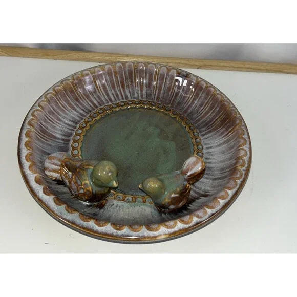 Tii Vintage Studio art Pottery Bowl With Birds Mid-century Modern 1970 Glaze
