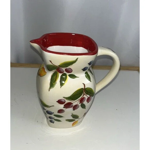 FTD Ceramic Square Pitcher Red Blue Fruit Pattern Retired Vintage