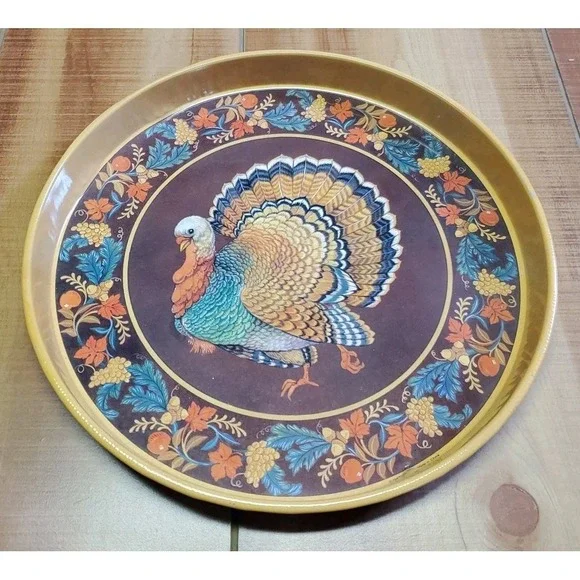 Vintage Thanksgiving‎ Tin Serving Tray Round Platter Turkey Gobble Gobble 90s