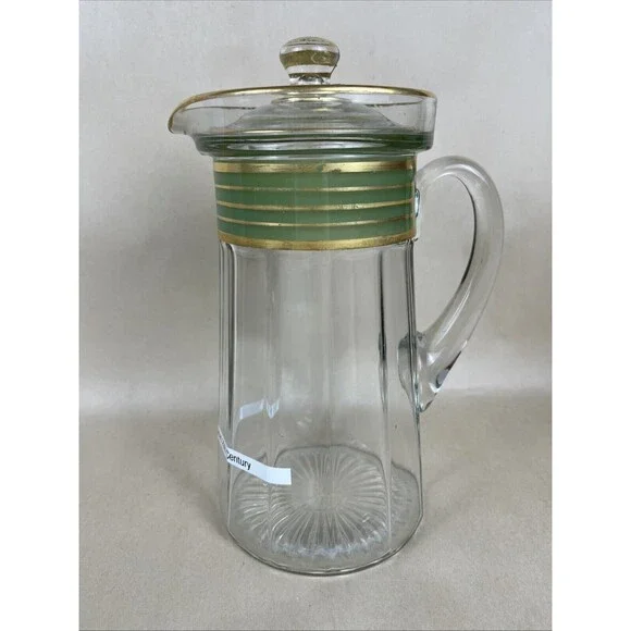 VTG Early 20th Tiffin Glass 9” Gold Trimmed & Green Gold Banded Pitcher‎ w/lid