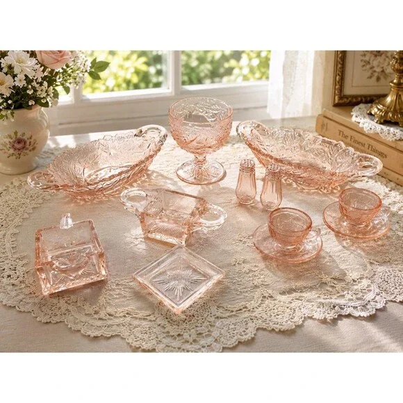 Vintage Orange  Depression Glass 12-Piece Lot Relish Dishes, Footed Goblet, Mini