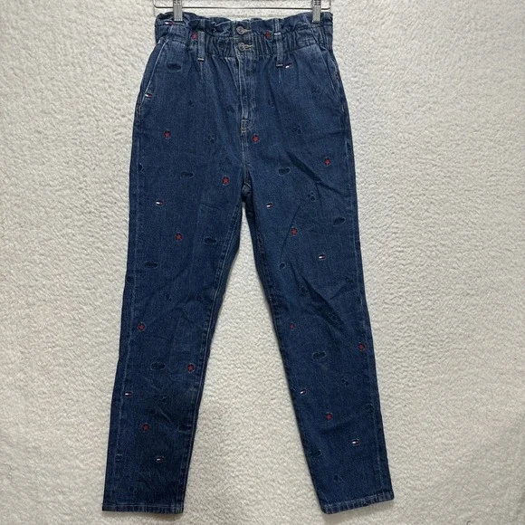 Tommy Hilfiger Women's Paperbag High Rise‎ Star & Flag Waist Jeans Blue Size 2
