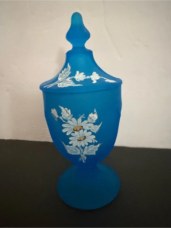 Blue Frosted Glass Apothecary Jar Lidded Hand-Painted White Daisies WESTMORELAND