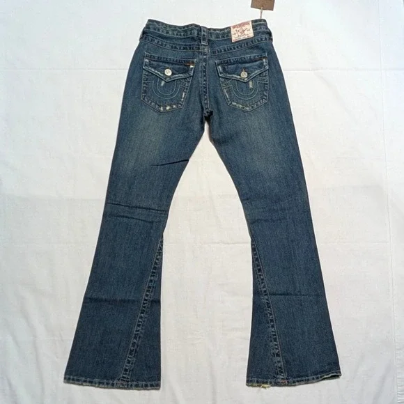 True Religion Joey Super T Distressed Flare Jeans Blue Denim Women's 28