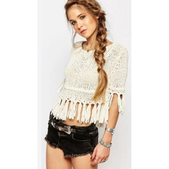 Free People Cream Crochet Knit Fringe Crop Top Bohemian‎ Festival