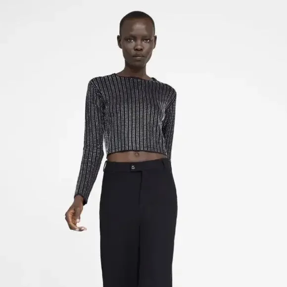 Zara Black Knit Shiny Gem Embellished Long Sleeve Crop Top Size S