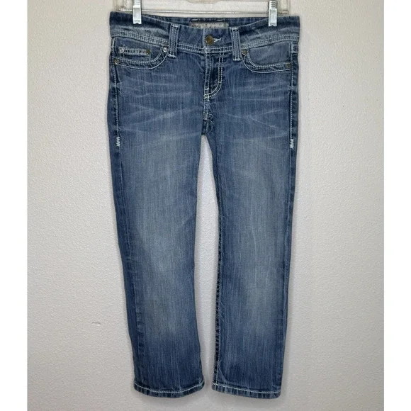 BKE‎ Denim Sabrina Crop Jeans Womens Size 26 Medium Wash Distressed Thick Stitch