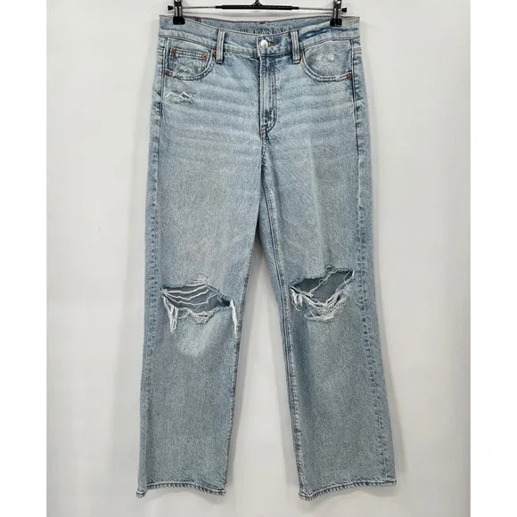 American Eagle 6 Straight‎ Jeans Womens Light Wash Distressed Ripped High Rise