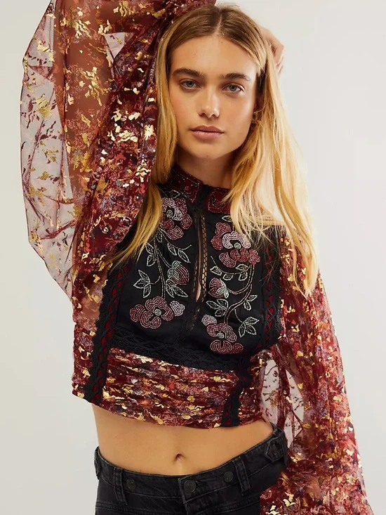 Free People Anthropologie Camille Beaded Crop Top