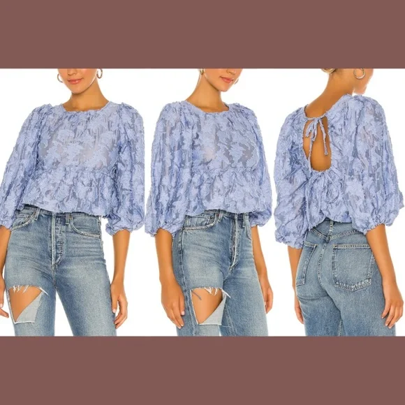 NWT Free People [ Small ] Calli Balloon‎ Sleeve Top in Bluemoon Quartz