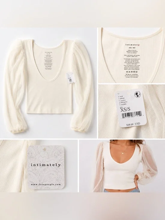 Free People Intimately Mesh Puff Sleeve Top | Ivory | XS/S | NWT