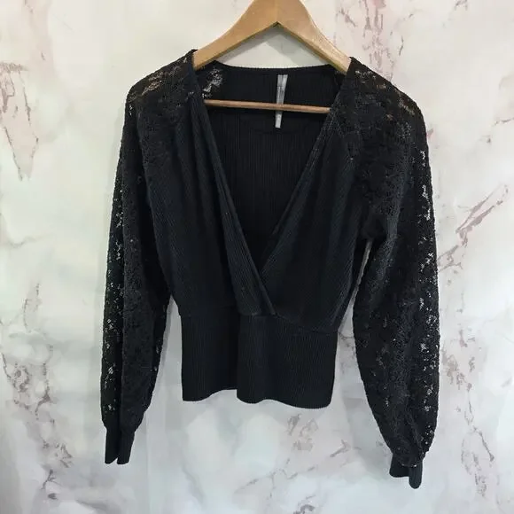 Anthropologie Shirt Womens Small Black Lace Puff Sleeve Faux Wrap Rib Sweater