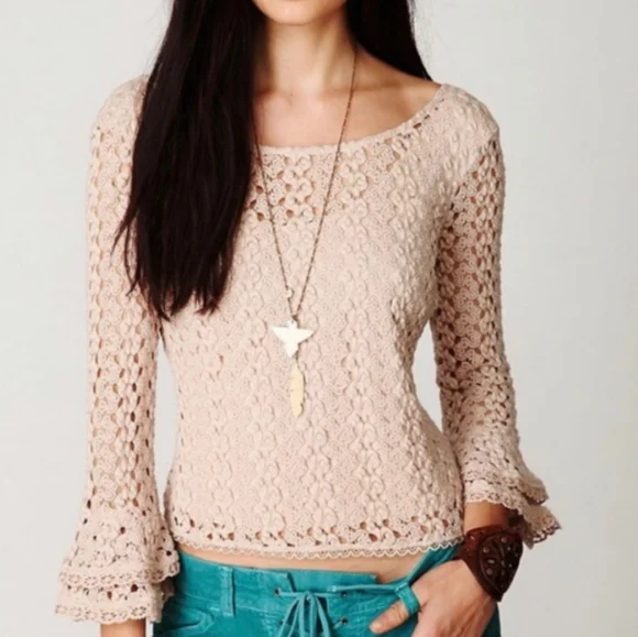 Free people coastal boho indie sleaze flare sleeve crochet top
